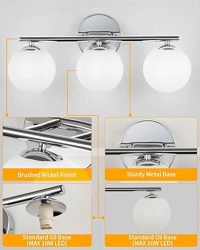 Miniatura 5 de Globe - Lámpara de tocador cromada con pantallas de globo blanco leche de plástico, aplique de pared de 11.81 pulgadas, iluminación sobre espejo, 3