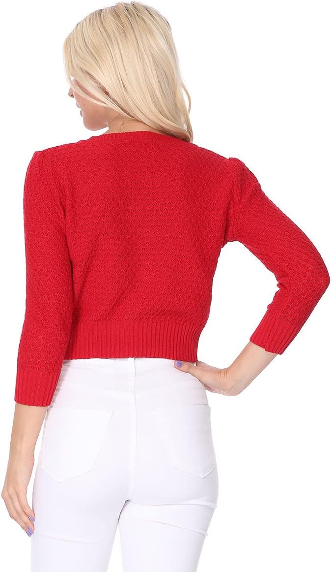 YEMAK Women's Cropped Cardigan Sweater – 3/4 Sleeve Crewneck Basic Classic Casual Button Down Soft Crochet Knit Top (S-3XL) - Image 6