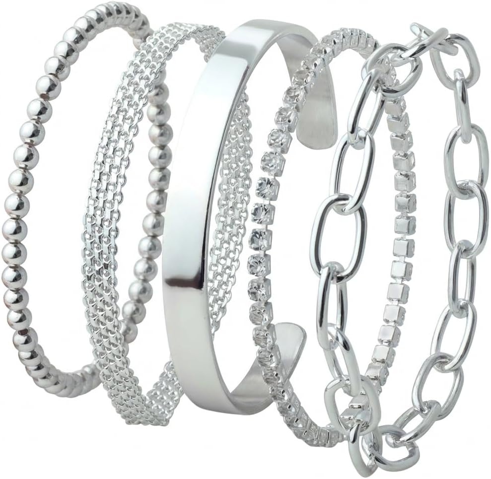 14K Gold Bangles Braclet Set Jewellery for Women, Layered Mixed Texture Bangle and Bracelet Styles, Delicate Stackable Wristwear Gifts for Everyday Outfits and Special Occasions