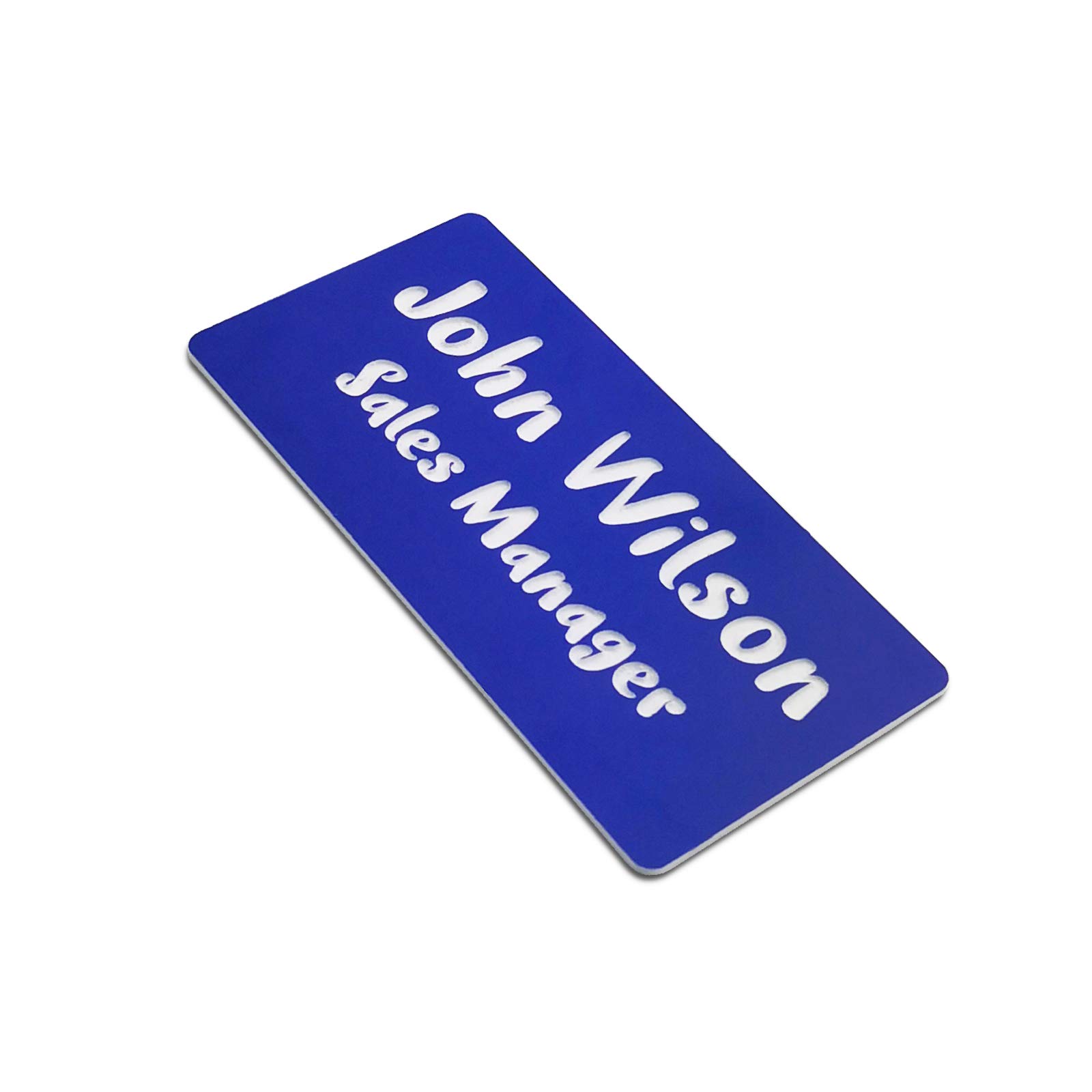 Custom Engraved Name Tag Badges for Business, Personalized Identification with Pin, Magnetic, Adhesive, or Blank Backing, 1.5"x3", Blue/White Text