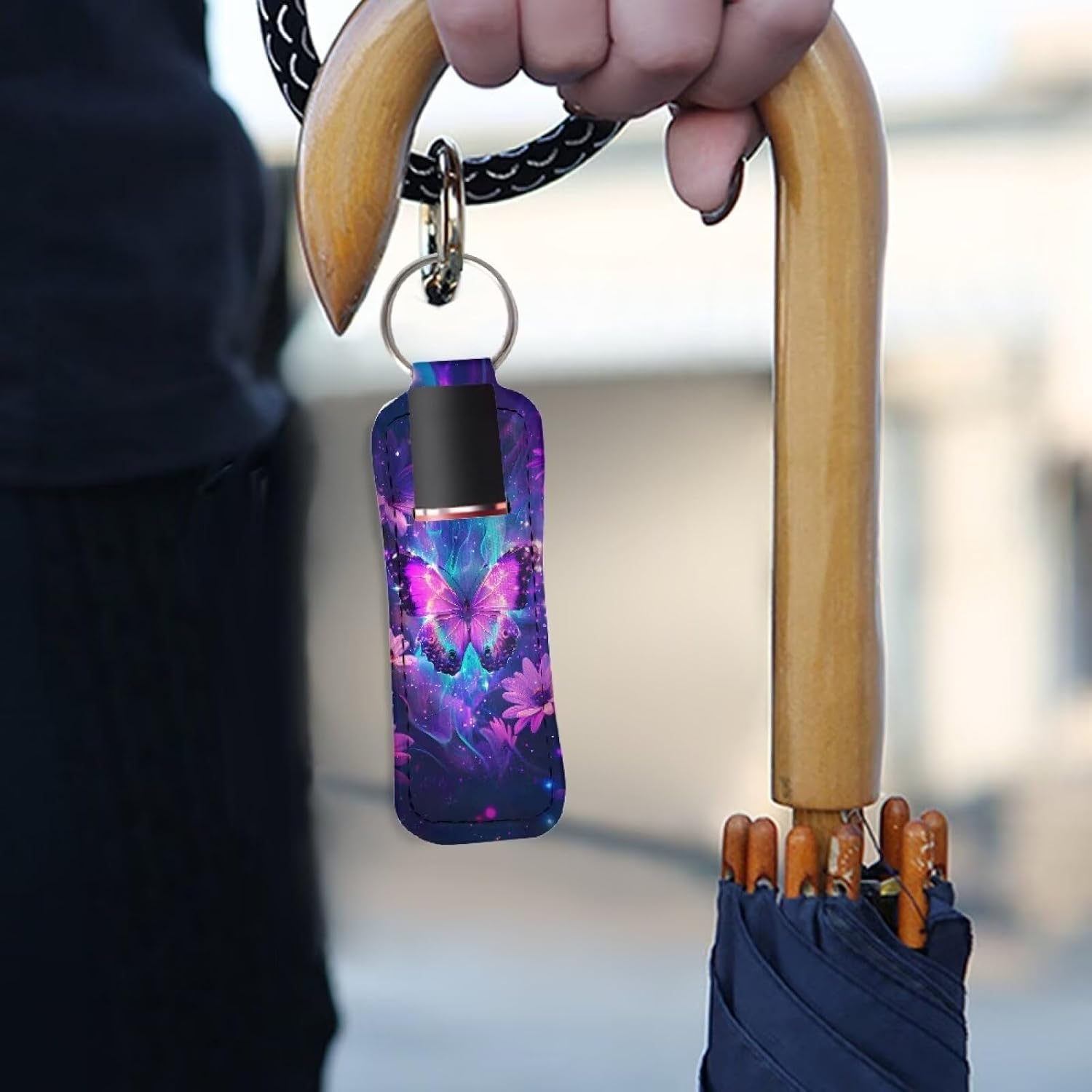 COEQINE Butterfly Chapstick Holder Key Chain And Ring Elastic Chapstick Holder Bulk for Casual Women Ladies Purple Lipstick Sleeves Cover, Purple image 4