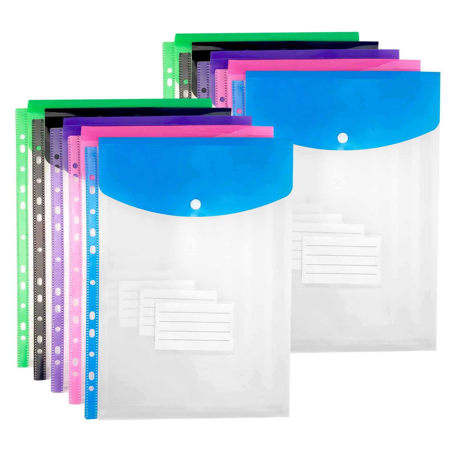 Yovell Plastic Wallets A4 10 Pack Punched Pockets A4 File Folders Plastic Document Filing Sleeves with Lable Pocket Crystal Clear (Multi-Colour)