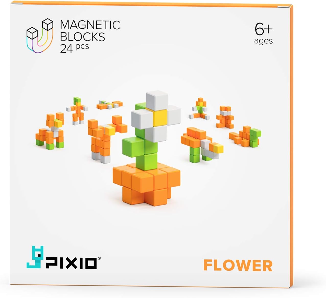 PIXIO Flower Story Series 24 Magnetic Blocks Stress Relief Construction Toy, Building Blocks in 8-bit Pixel Art, Creativity for Kids, Fidget Toy