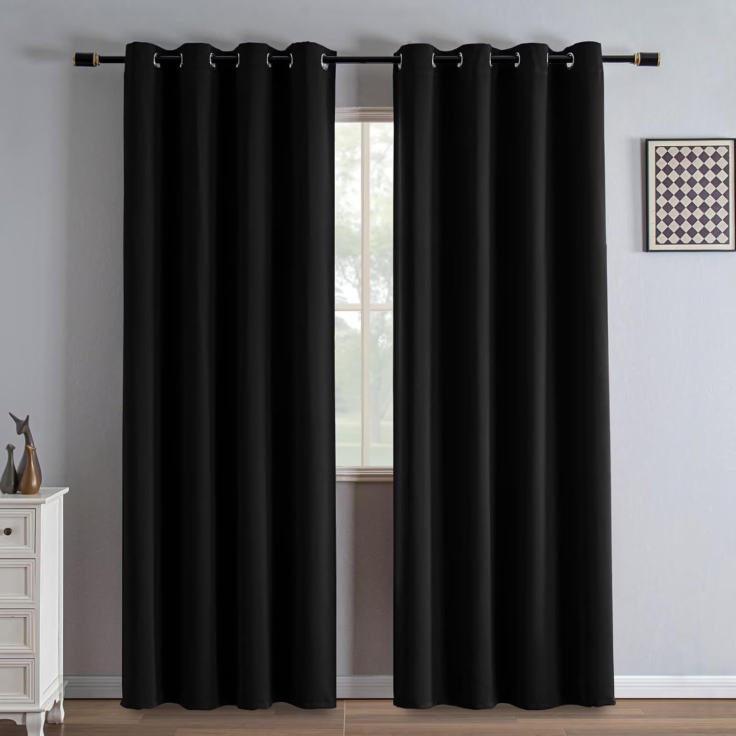 Black Blackout Curtains 84 Inch Length 2 Panels Set, Black Out Curtains for Bedroom 84 Inch Long, Grommet Energy Saving Room Darkening Drapes for Living Room Window(W52 x L84)