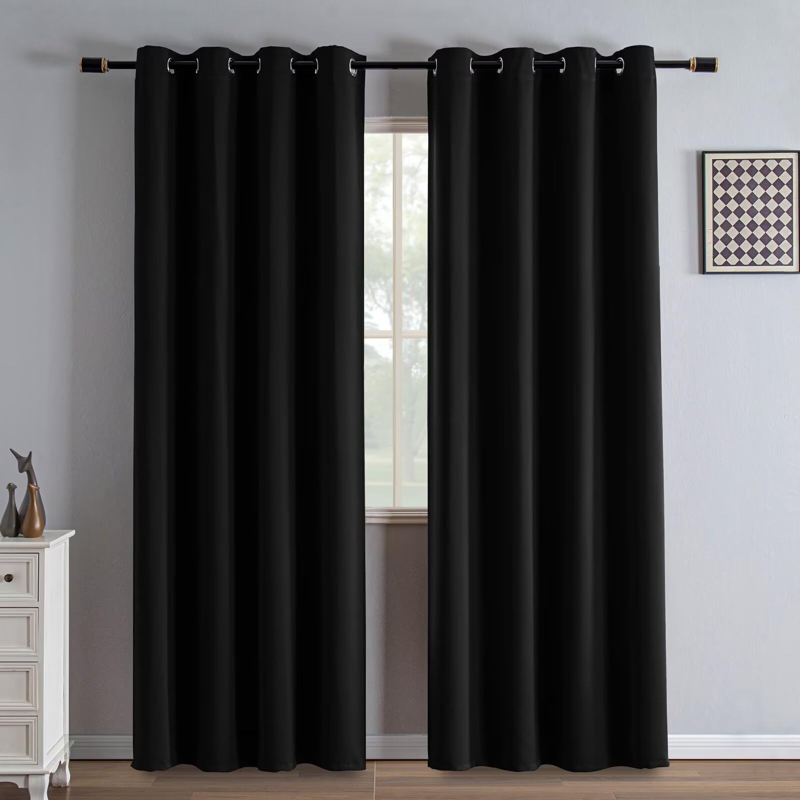 IGEMAEVE Black Blackout Curtains 84 Inch Length 2 Panels Set, Black Out Curtains for Bedroom 84 Inch Long, Grommet Energy Saving Room Darkening Drapes for Living Room Window(W52 x L84)