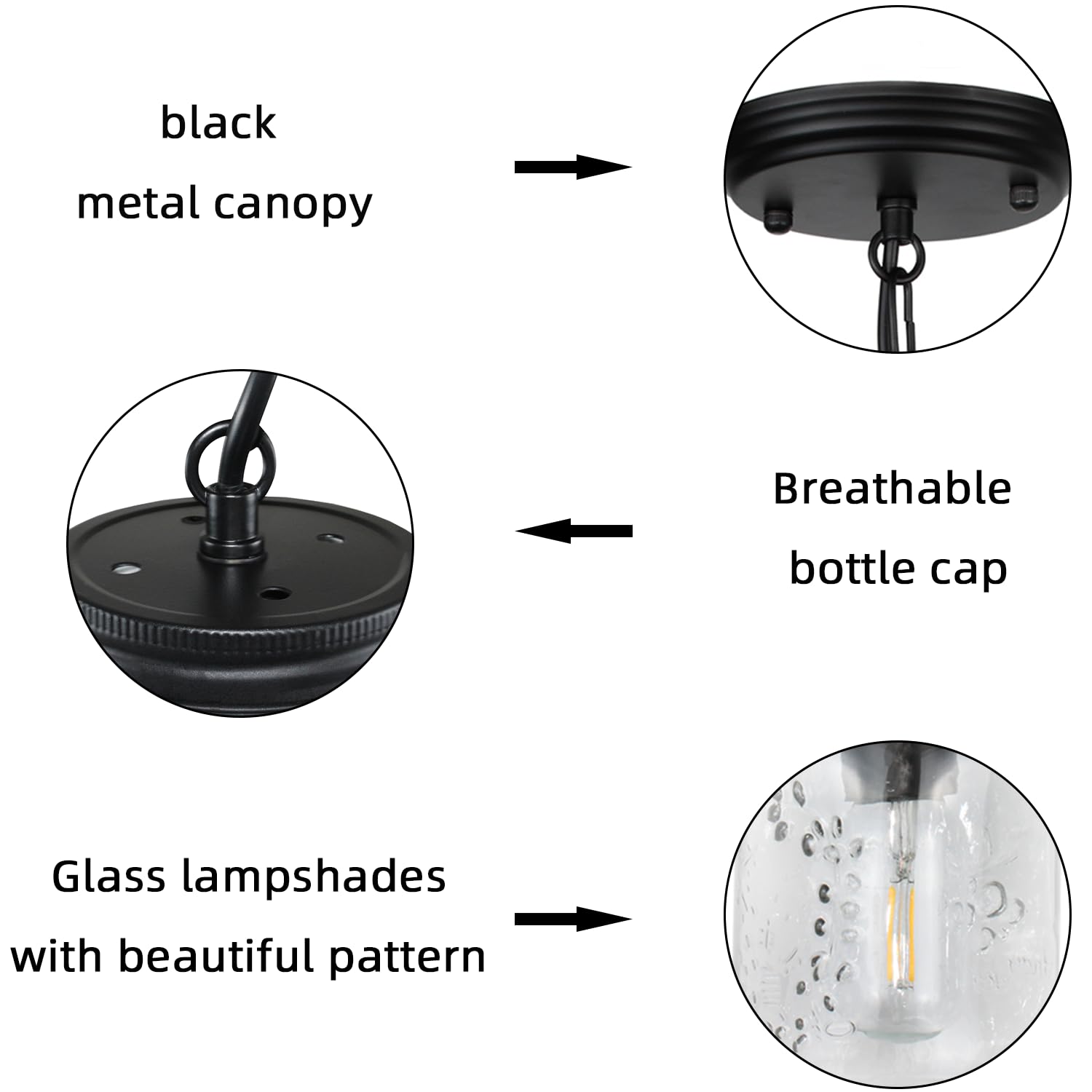 Lámparas de cristal con tarro de cristal – Lámpara de techo colgante individual de 1 luz de montaje empotrado – Luces negras de granja para cocina, comedor, vestíbulo, escalera, pasillo, 3