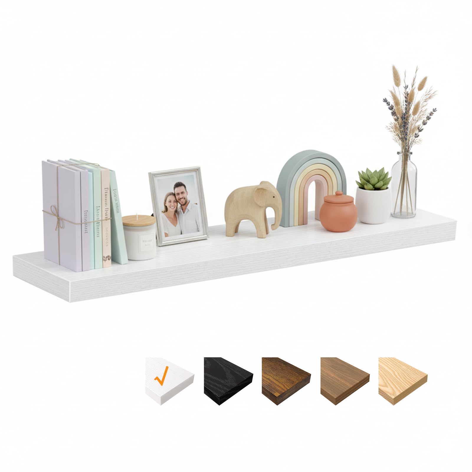 RICHER HOUSE White Floating Shelves for Wall, 120 x 23.5 x 3.8 cm Wooden Shelves, Wall Decor with Invisible Brackets for Bedroom, Living Room, Bathroom, Kitchen, Laundry, Office