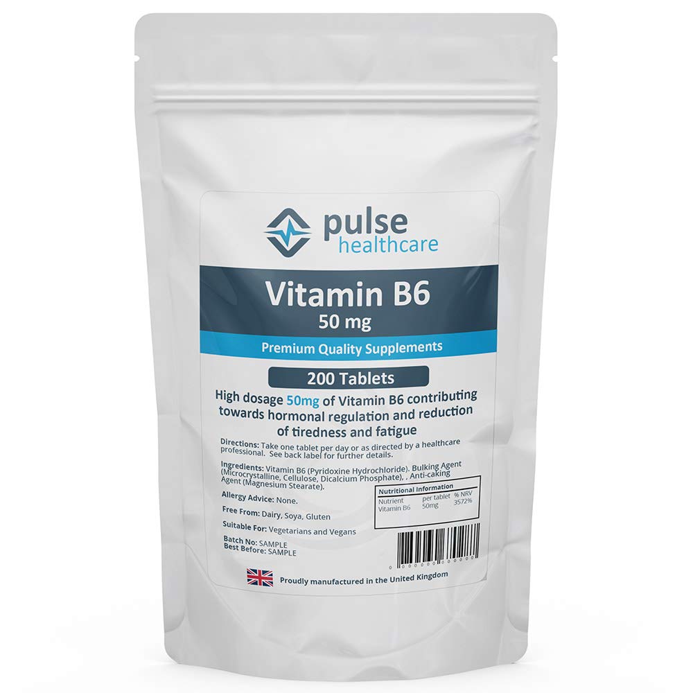 Vitamin B6 50mg | 200 Tablets | Regulates Hormonal Activity & Reduces Tiredness & Fatigue | Manufactured in The UK | Pulse Healthcare Supplements