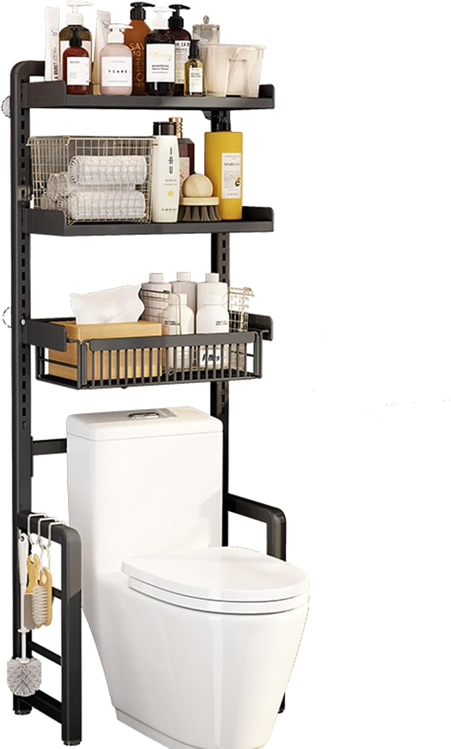 Over Toilet Storage Cabinet Unit, 3-Tier Toilet Bathroom Organizer Shelf Over Toilet with Adjustable Shelf and Basket, Toilet Rack for Bathroom, Restroom, Laundry(Black)