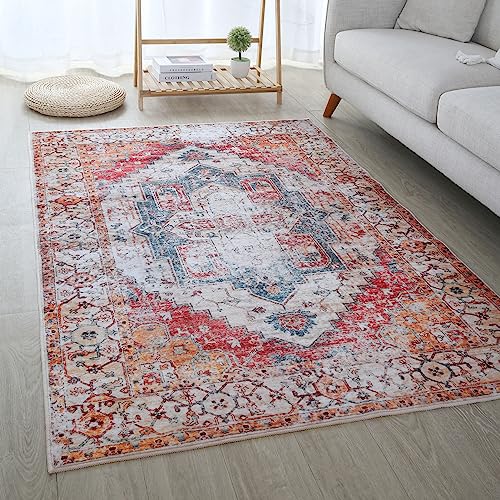 Alfombra Vintage Lavable de 120 x 180 cm para Sala de Estar y Dormitorio, Alfombra Antideslizante con Pelo Corto Suave, no se desprende, diseño Tradicional Oriental Persa marroquí Bohemio