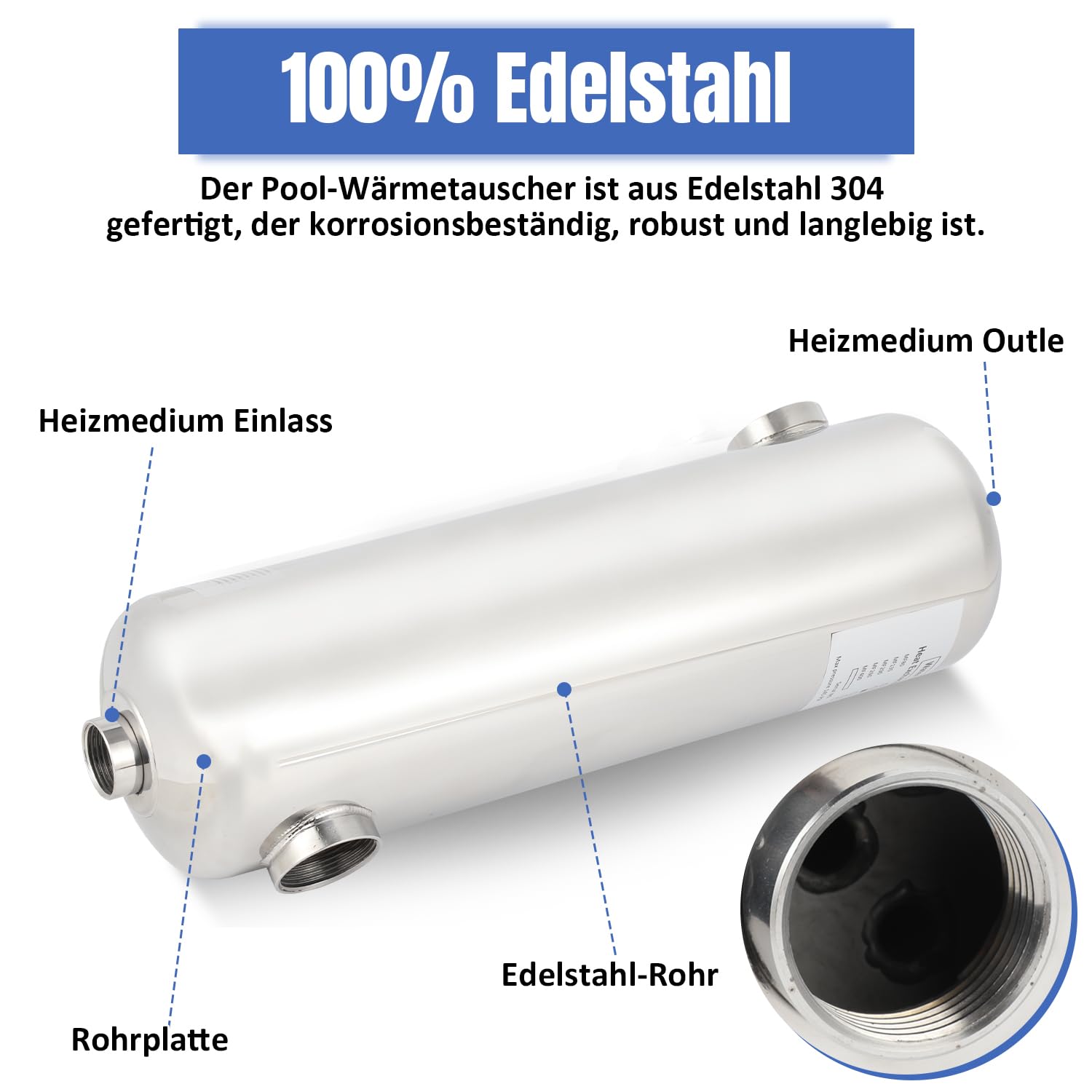 Edelstahl Schwimmbadheizer 60kW Wärmetauscher Pool 150 L/min Durchfluss 18 L/min Heißwasser