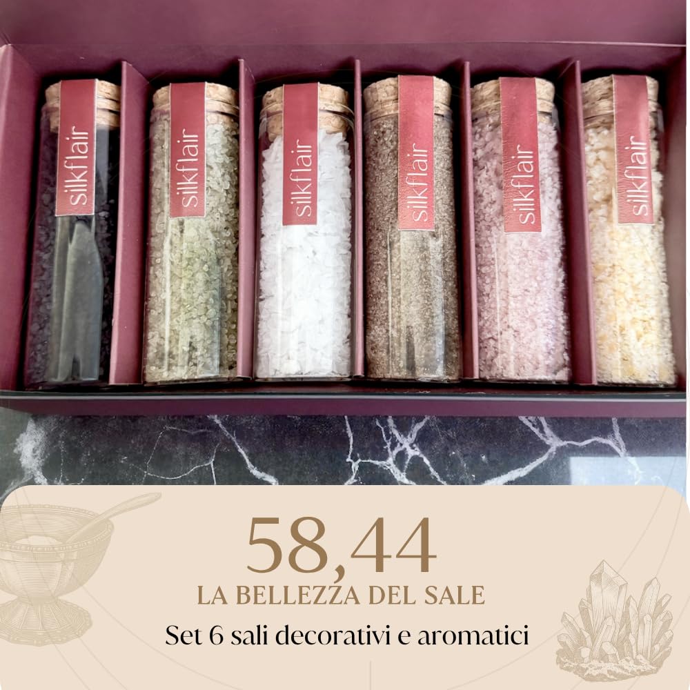 Silkflair - Set regalo 6 sali pregiati "58,44, La bellezza del sale” | Special Edition gourmet con sali decorativi e aromatici (nero e verde Hawaii, piramidale, affumicato ciliegio, Syrah, aglio)