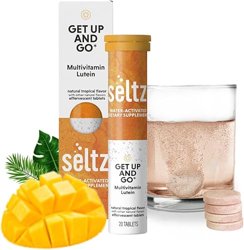 Seltz Get Up and Go - Multivitamínico efervescente con luteína para energía diaria, salud ocular y apoyo antioxidante, sabor tropical, 20 tabletas