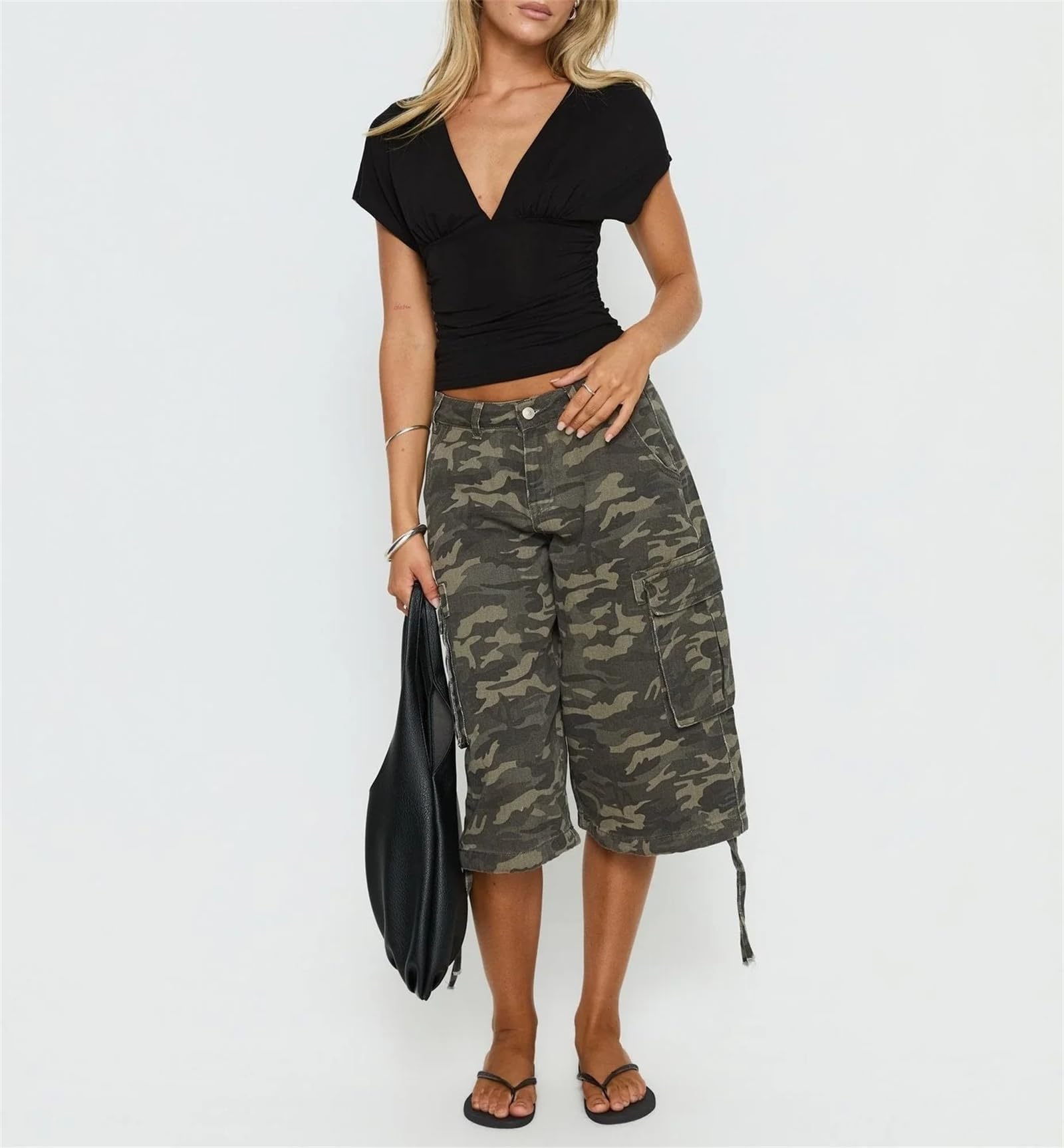Pantaloncini Cargo in Denim Stile Y2K da Donna | Shorts in denim a vita bassa, stile casual hip-hop con coulisse, ideali per uscire o per un look streetwear; dotati di tasche