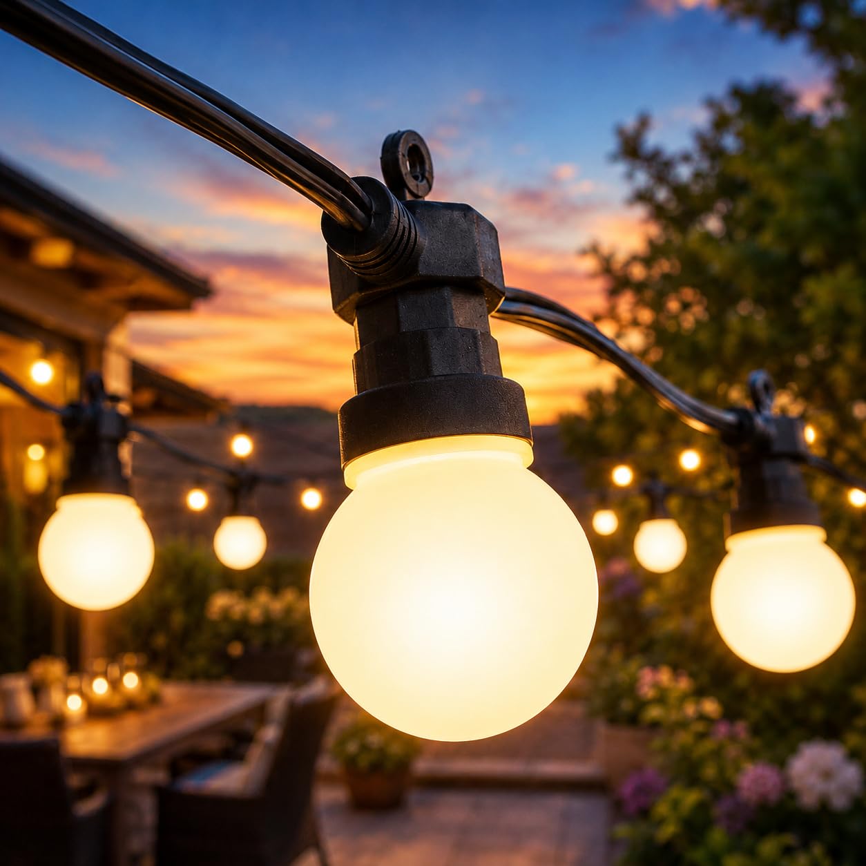 Festive Lights ConnectPro® 5m / 16ft Connectable Outdoor Garden LED Festoon Lights, Warm White Frosted Bulbs, Commercial Grade String Lighting, IP65 Waterproof, Black Rubber Cable, Without Plug