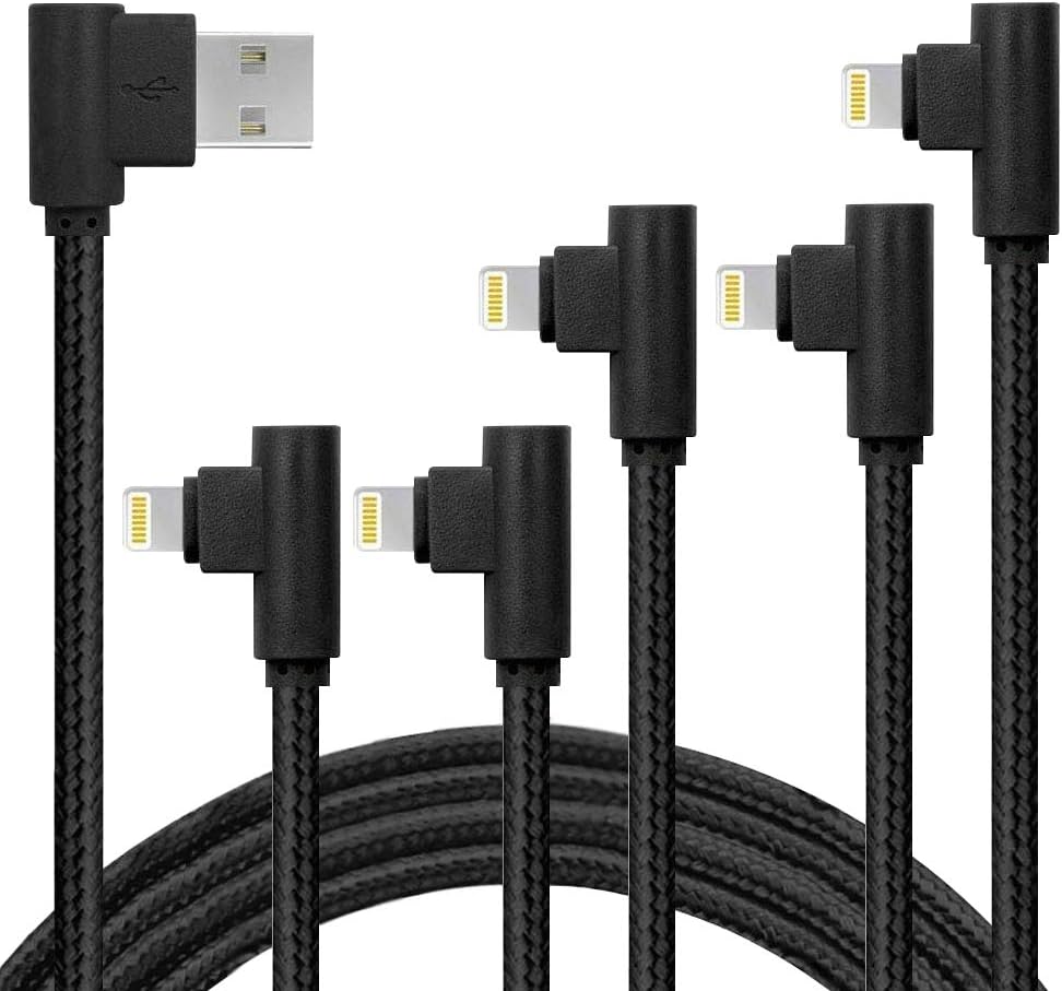 APFEN [5 Pack: 3ft/3ft/6ft/6ft/10ft] 90 Degree Gaming Cable High-Speed Charging Cord Durable for iPhone Xs Max/Xs/XS Max/XR/X / 8/8 Plus / 7/7 Plus, and More (Black)