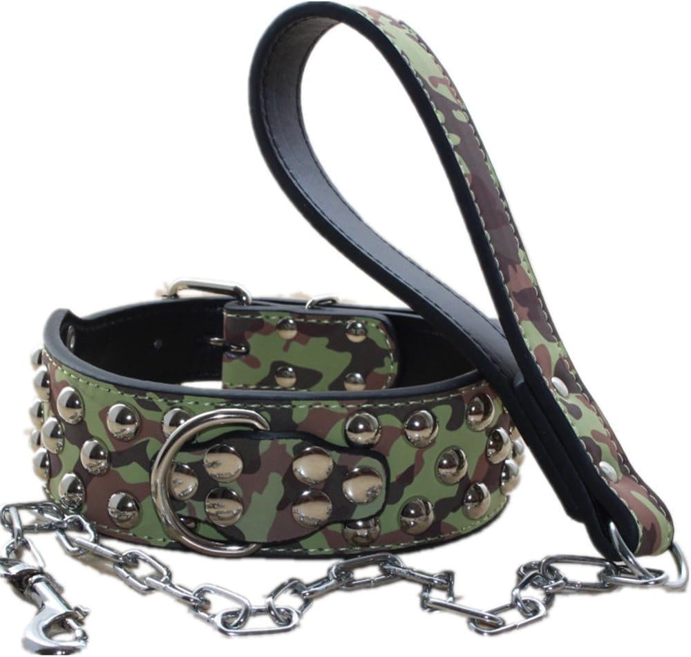 2 inches Wide Leather Studded Dog Collar + Dog Chain Leash Set Heavy Duty Fit Large Breed Pit Bull Husky Mastiff Terrier(Camouflge,M)