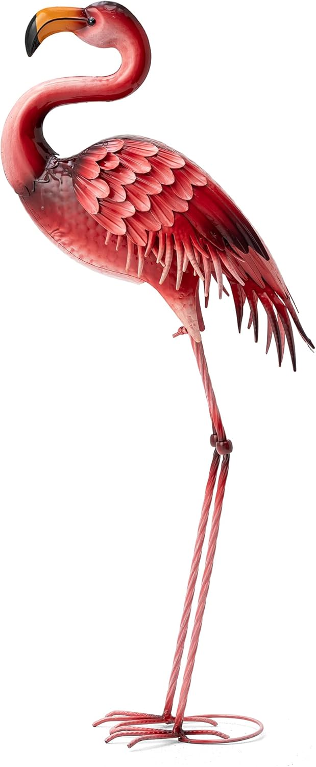 Glitzhome Metal Standing Flamingo Garden Statue with Stakes Outdoor Decorative Sign, 38.5" H