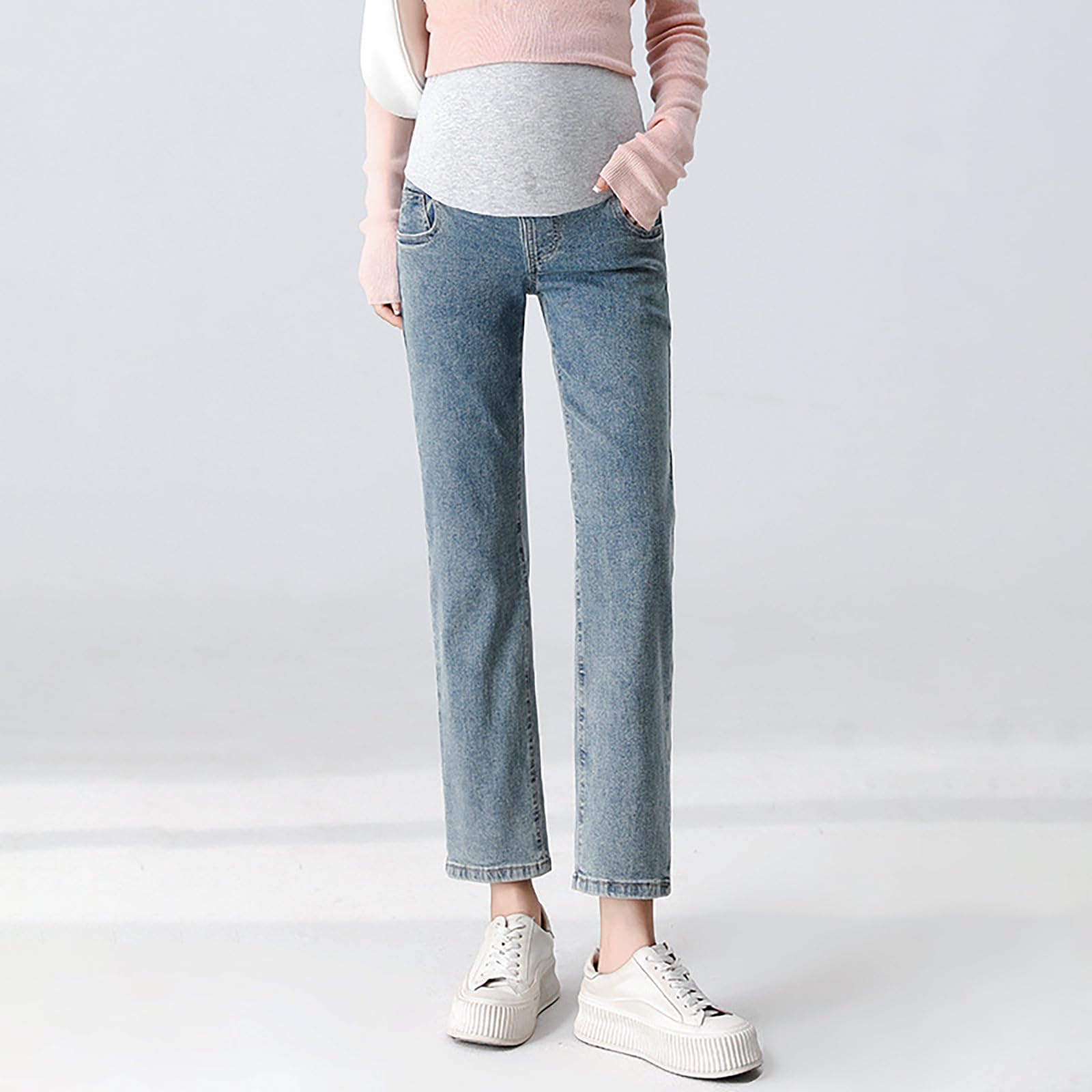 Generisch Pantaloni premaman da donna: comoda vestibilità a metà polpaccio con fascia elastica in vita, effetto jeans, ideali per attività all'aria aperta, tempo libero, abbigliamento per la