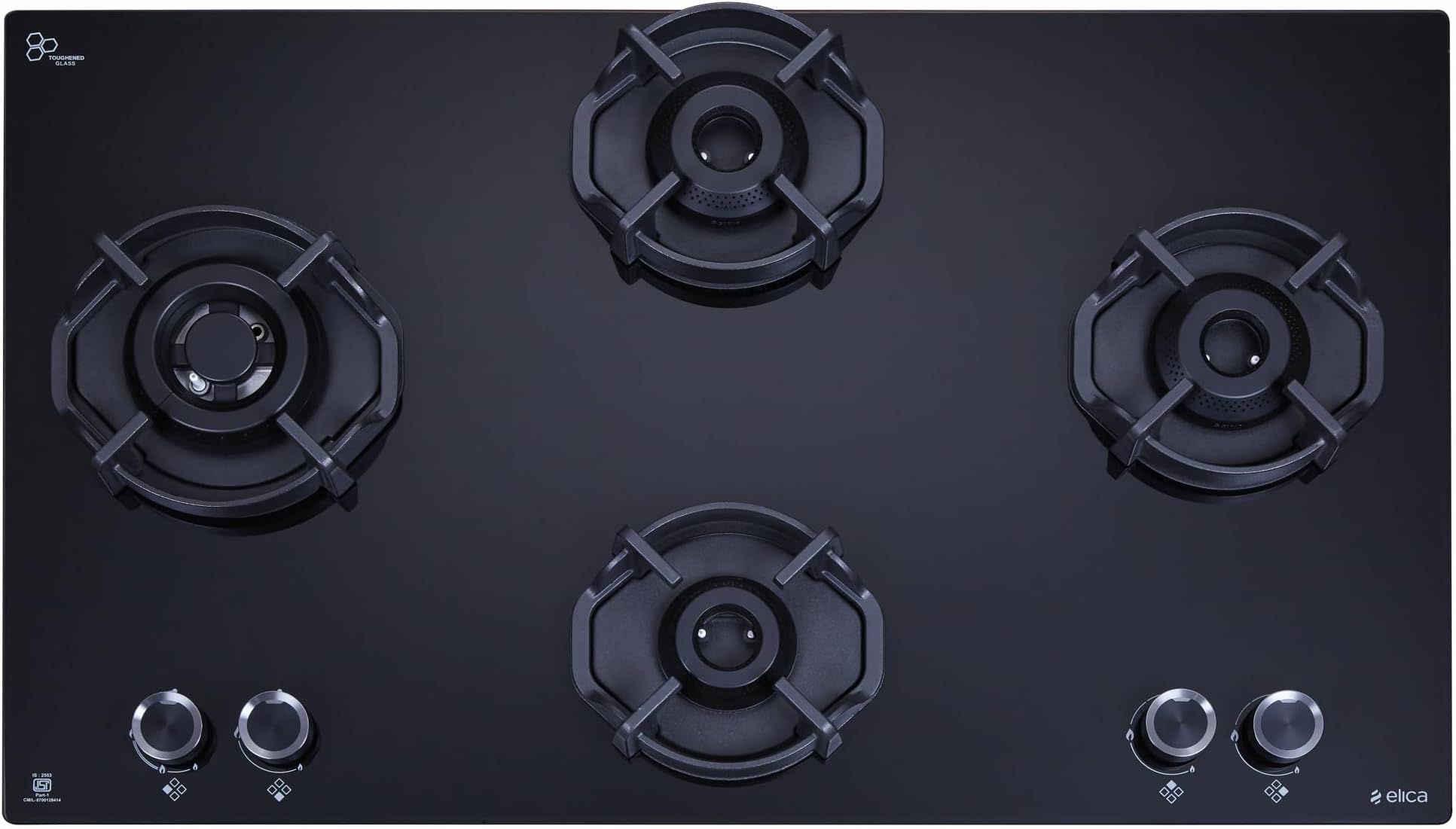 Elica Hob 4 Burner Auto Ignition Hobtop with Hexa Shape Grid|Italian SABAF Brass Burner with One 4 kW Jumbo & 2.5 kW| 10 Yrs Warranty on Burner,5 Yrs on Glass & Valve|Flexi Hexa 491 Lotus Ind Hd Brass