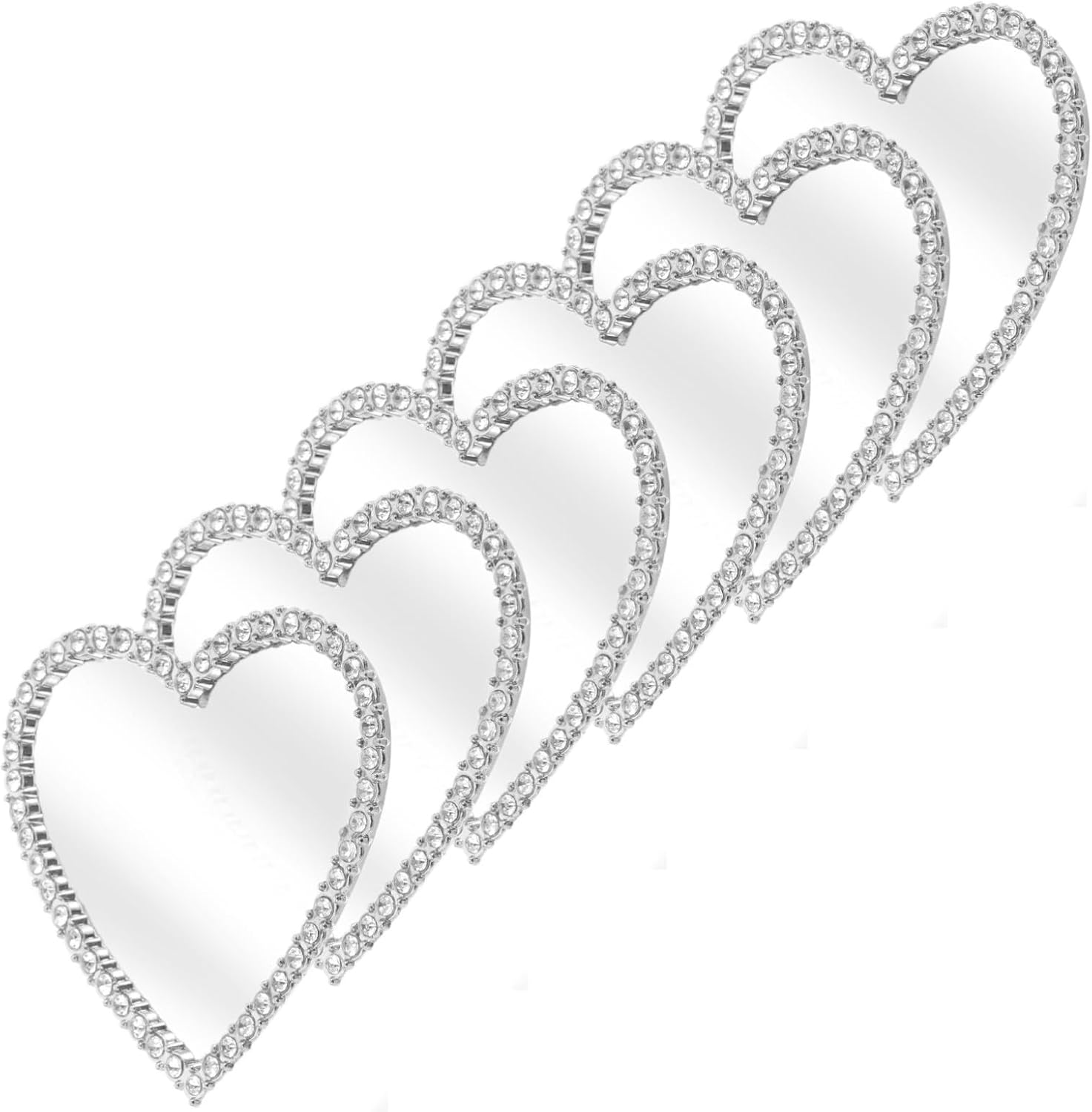 6pcs Heart Shaped Mirror Phone Charm Silver with Rhinestones
