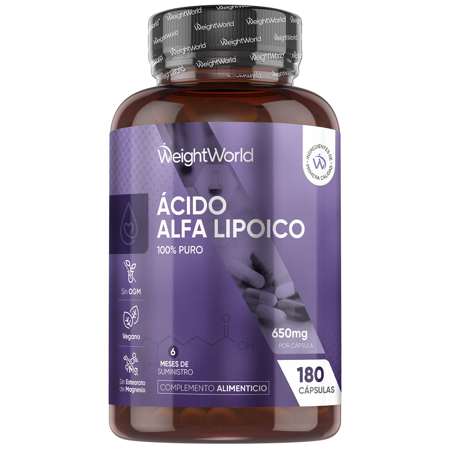Ácido Alfa Lipoico 650 mg - 180 Cápsulas de ALA 100% Puro para 6 Meses - Sin OGM ni Aditivos, Apto para Dietas Vegana, Sin Estearato de Magnesio y Sin Gluten