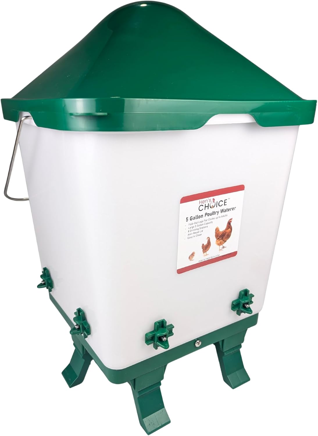 Hen's Choice 5 Gallon Chicken Waterer with 8 Drinker Nipples, Anti-Roost Lid, Top Fill Design, Heavy Duty Legs