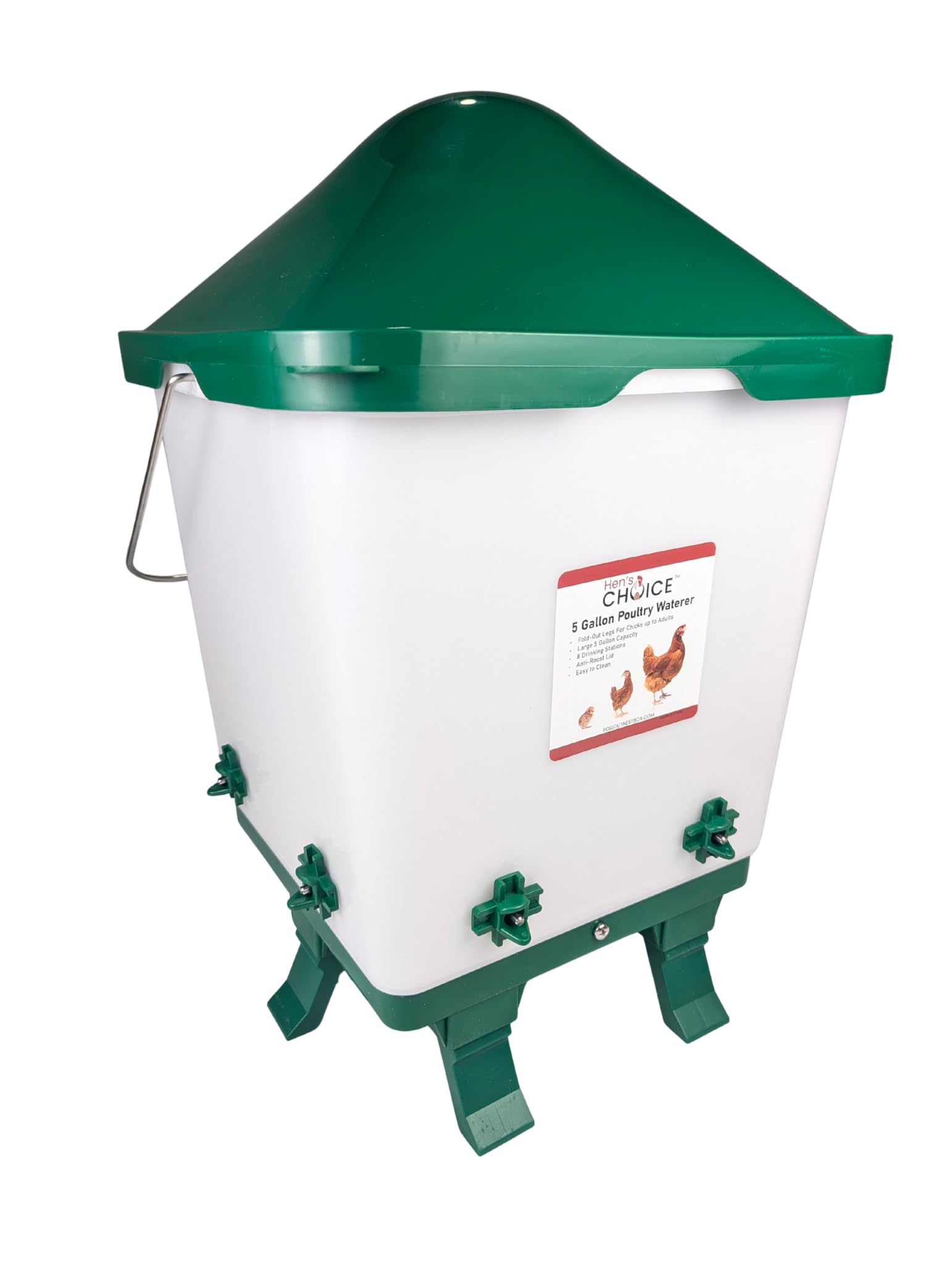 Hen's Choice 5 Gallon Chicken Waterer with 8 Drinker Nipples, Anti-Roost Lid, Top Fill Design, Heavy Duty Legs