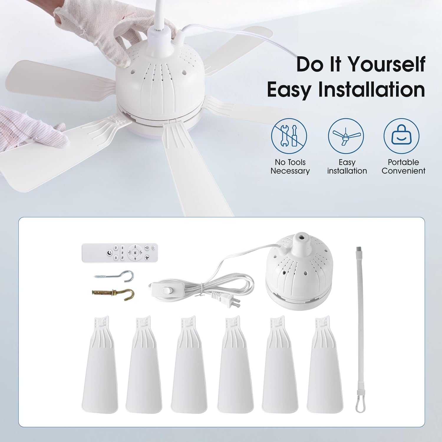 Outdoor Ceiling Fans with Lights,18" Gazebo Fan with Hanging Hook,Plug in Ceiling Fan,3CCT Dimmable,Portable Fan for Patios,Tent,Camping.White