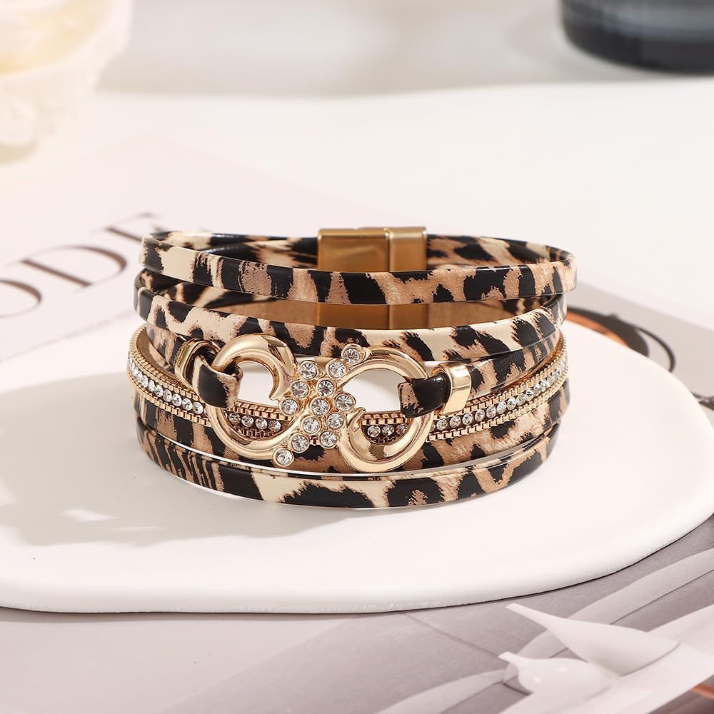 Leopard Bracelet Women Animal Print Bangle, Multi-layer PU Leather Cuff Bracelet - Boho Fashion Gifts for Women