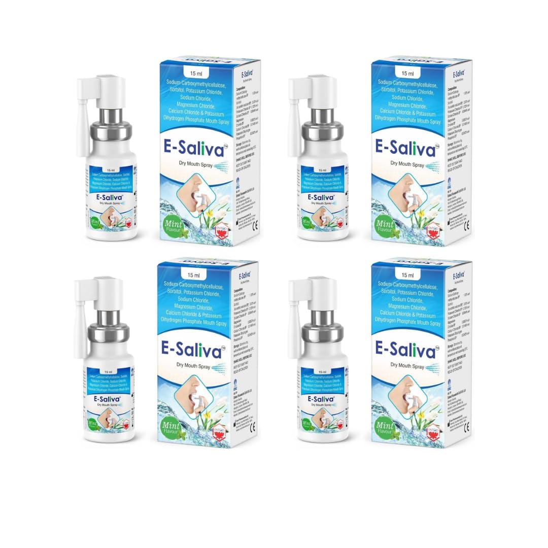 E-Saliva Mint Dry Mouth Spray - Instant Dry Mouth Relief - Hydrating Formula with Long-Lasting Effect - Moisturising Saliva Spray for Dry Mouth - Refreshing Mint Flavor 15ml (Pack of 4)