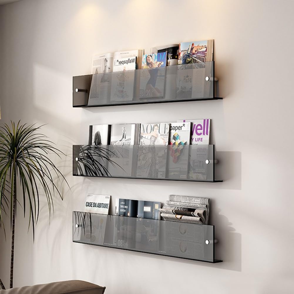 BTYQKZVPM Modern Acrylic Magazine Rack, Acrylic Floating Wall Mounted Shelf Magazine Brochure Holder 3-Pack 40-100cm(Light Gray,100cm)