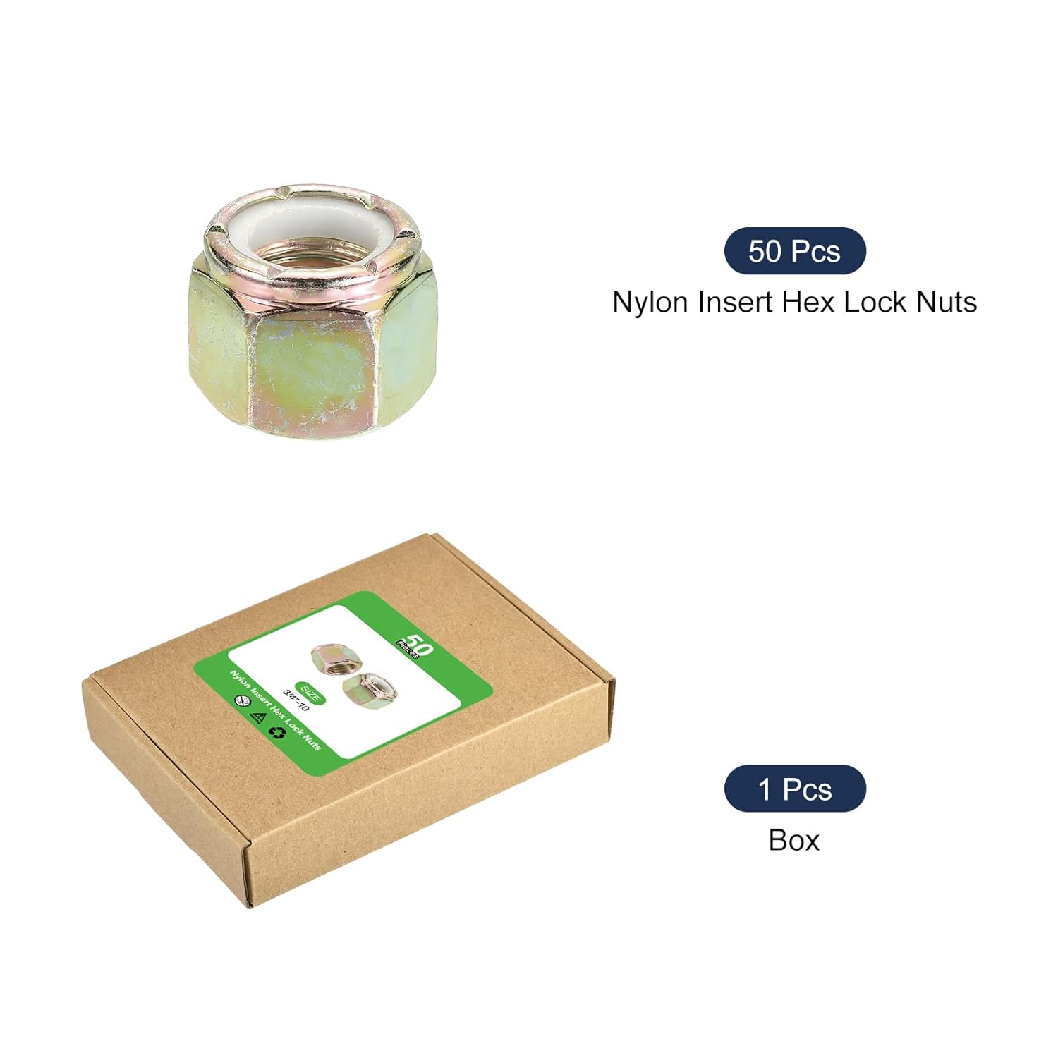 uxcell 50Pcs 3/4"-10 Nylon Insert Hex Lock Nuts, Carbon Steel Self-Locking Nylon Insert Stop Nut for Industrial Construction Fasteners, Multicolor&White