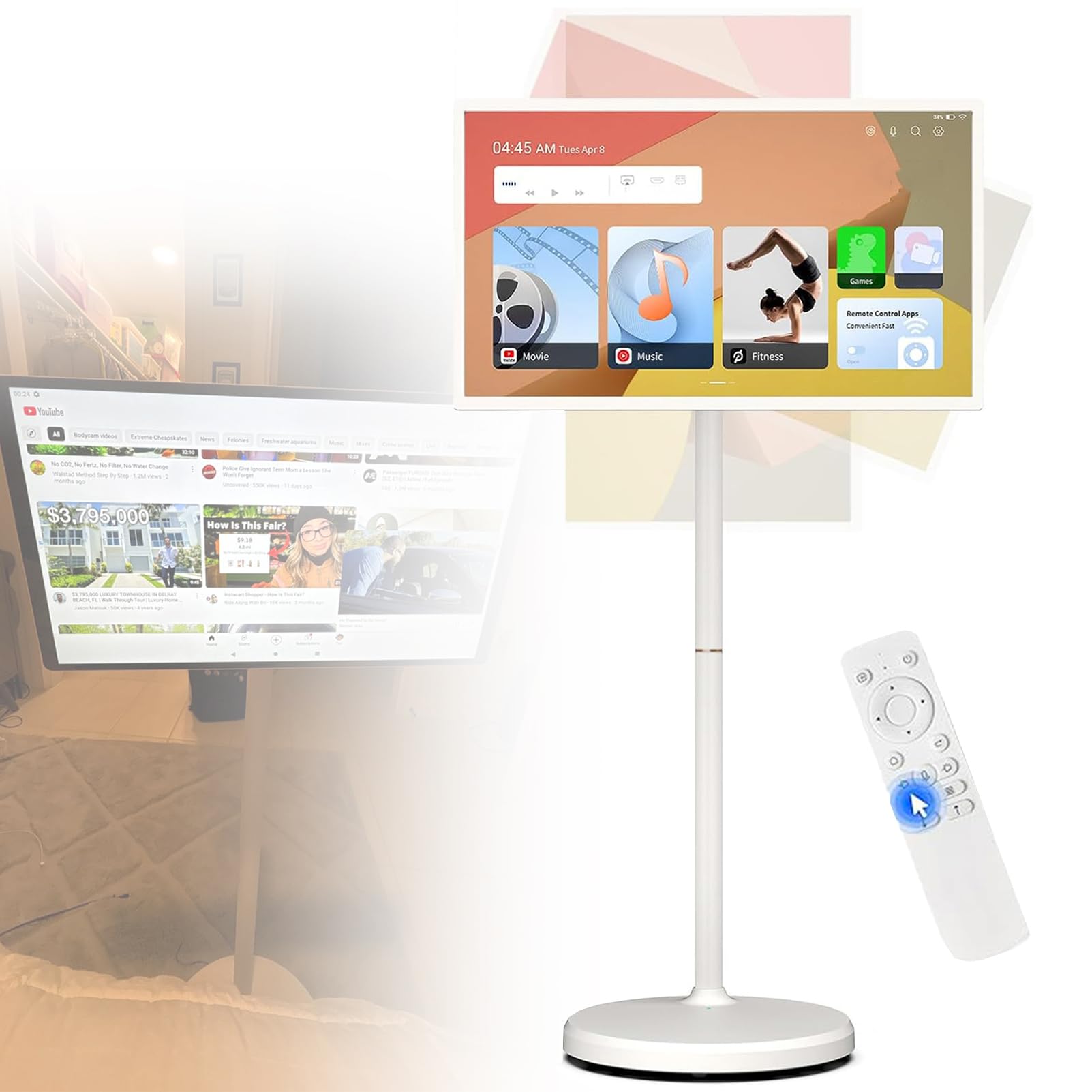TéLéViseur Portable sur roulettes avec TéLéCommande, éCran Tactile Orientable, TéLéViseur Mobile sur Pied | CaméRa 800W | Batterie IntéGréE, Rotation ComplèTe White-4+64G