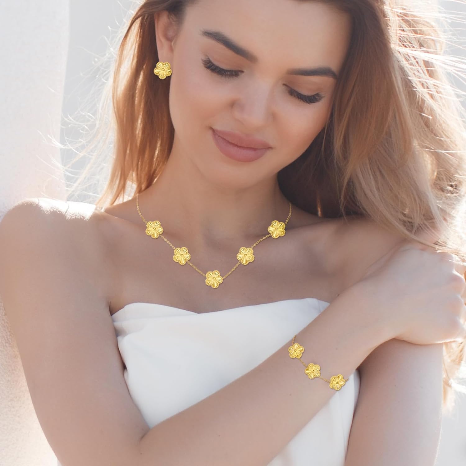 Clover Jewelry Set with Flower Design Four Leaf Clover Necklace for Women Lucky Clover Bracelet Earrings for Friends 3pcs Floral Style Clover Jewelry Gifts - Image 3