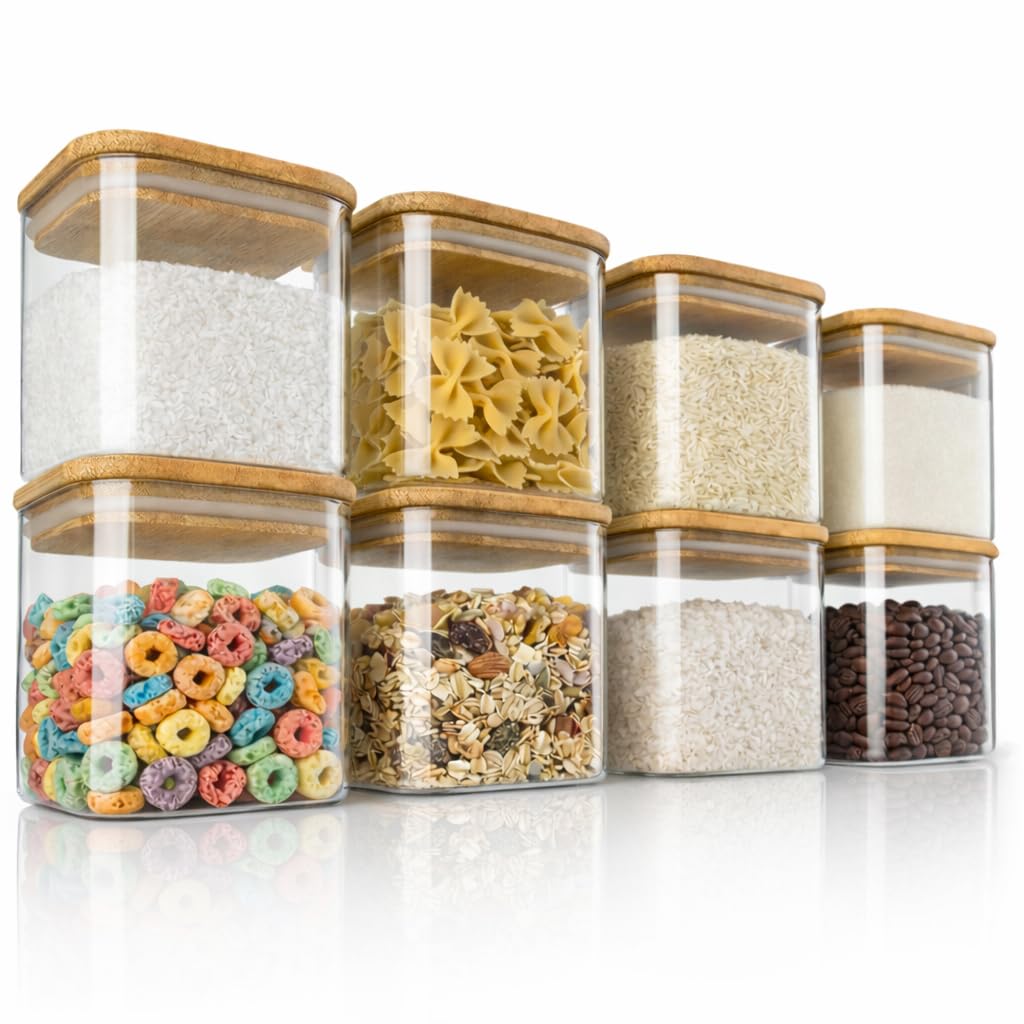 Arendo - Vorratsgläser mit Deckel - Set - Behälter aus Glas – hitzebeständig – Vorratsdosen mit Bambusdeckel - luftdicht - für Müsli Zucker Mehl Kaffee Reis