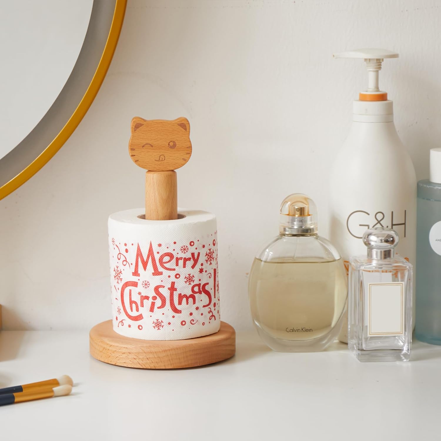 Vinoil Toilet Paper Holder Stand, Cute Cat Design Wooden Toilet Paper Holder Free Standing, Decorative Toilet Roll Holder, Scrunchies Holder Stand, Hair Ties Organizer