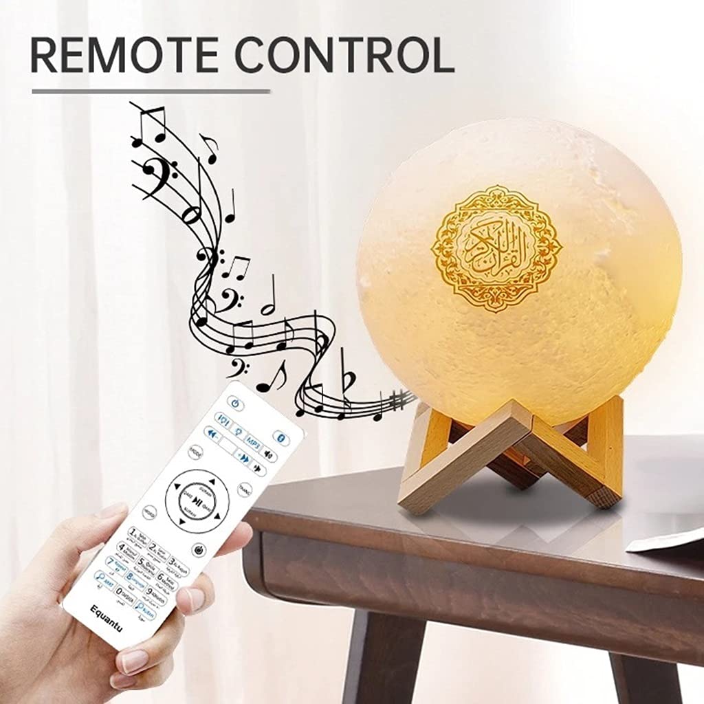 Veilleuse de Lune d'impression 3D avec Support, Contrôle à Distance et Tactile, Rechargeable par USB, Haut-Parleur sans Fil du Coran, Multi Langue