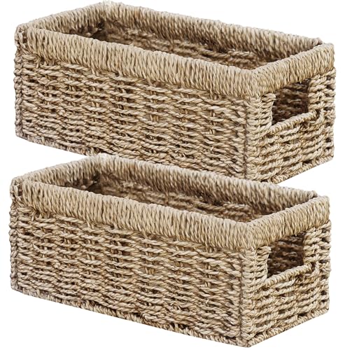 Vagusicc Hand-Woven Small Storage Baskets with Handles, Seagrass Wicker Baskets for Organizing, Decorative Storage Bins for Countertop Toilet Paper Basket for Toilet Tank Top (2 Packs)