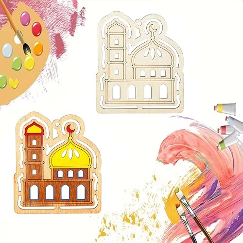 10 Pcs Wood Eid Al Adha Decoration, Wooden Ramadan Mubarak Palace Ornaments with Hemp Ropes, Rustic Happy Eid Hanging Pendant Wall Decoration for Muslim Islam Festive Supplies