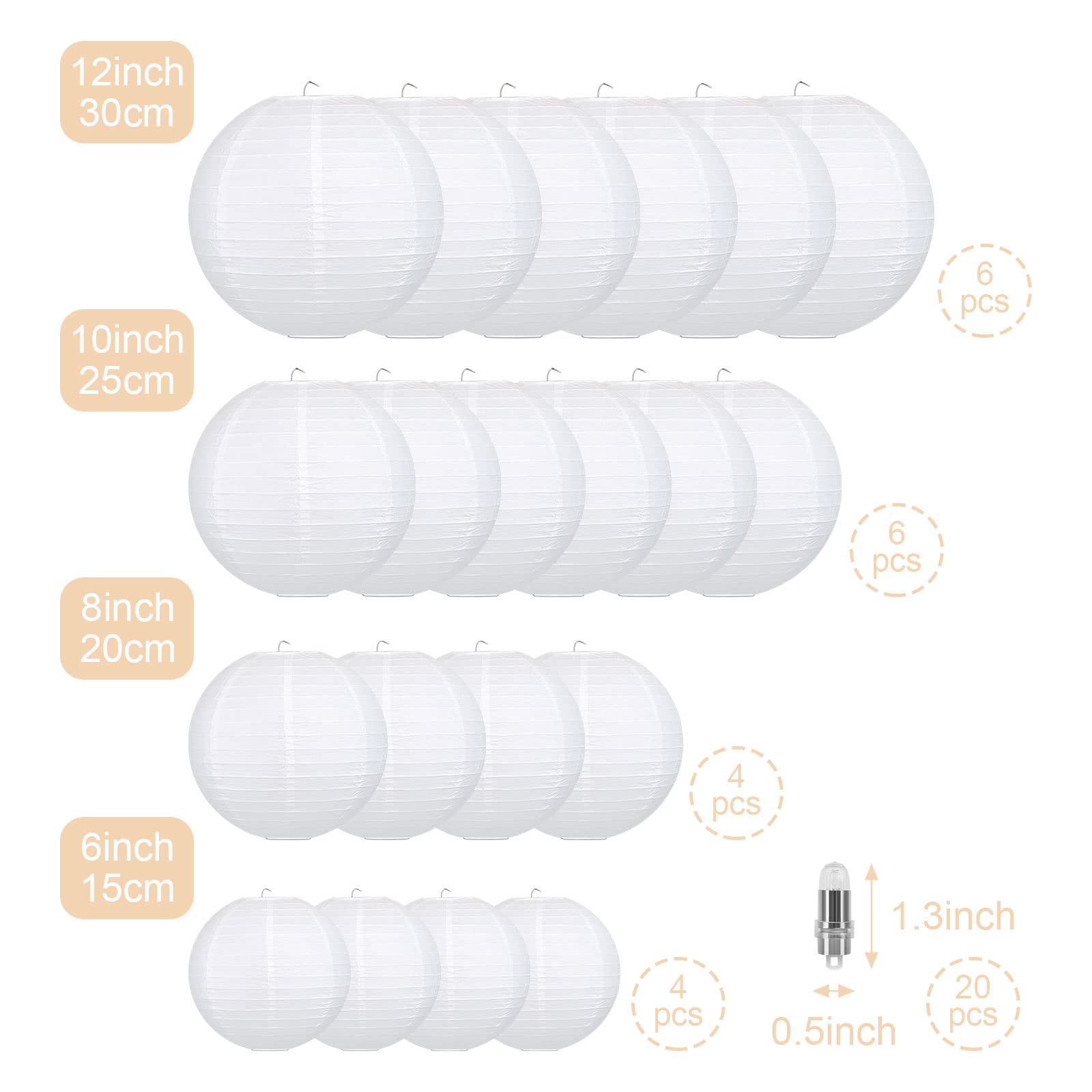 Lanterne Papier 20Pcs Lampion Papier 6" 8" 10" 12" Abat Jour Papier Boule Papier Luminaire Suspension Boule Papier Lanterne Japonaise pour Décoration Mariage et Maison