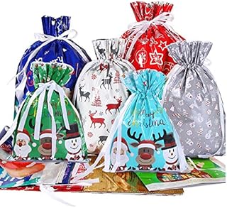 Leixi 12PCS Christmas Bags,Holiday Drawstring Gift Bags,6 Designs 4 Size Christmas Foil Gift Bags with 30pcs Xmas Gift Tags for Christmas Party Favor (12)