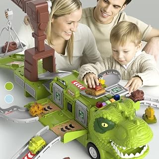 Dinosaur Transforming Engineering Truck Track Toy Set, Dinosaur Transport Car Toys with Lights and Music, Dinosaur Truck Toys Dinosaur Storage Deformation Track Toy Gift for Kids (Green T-Rex)