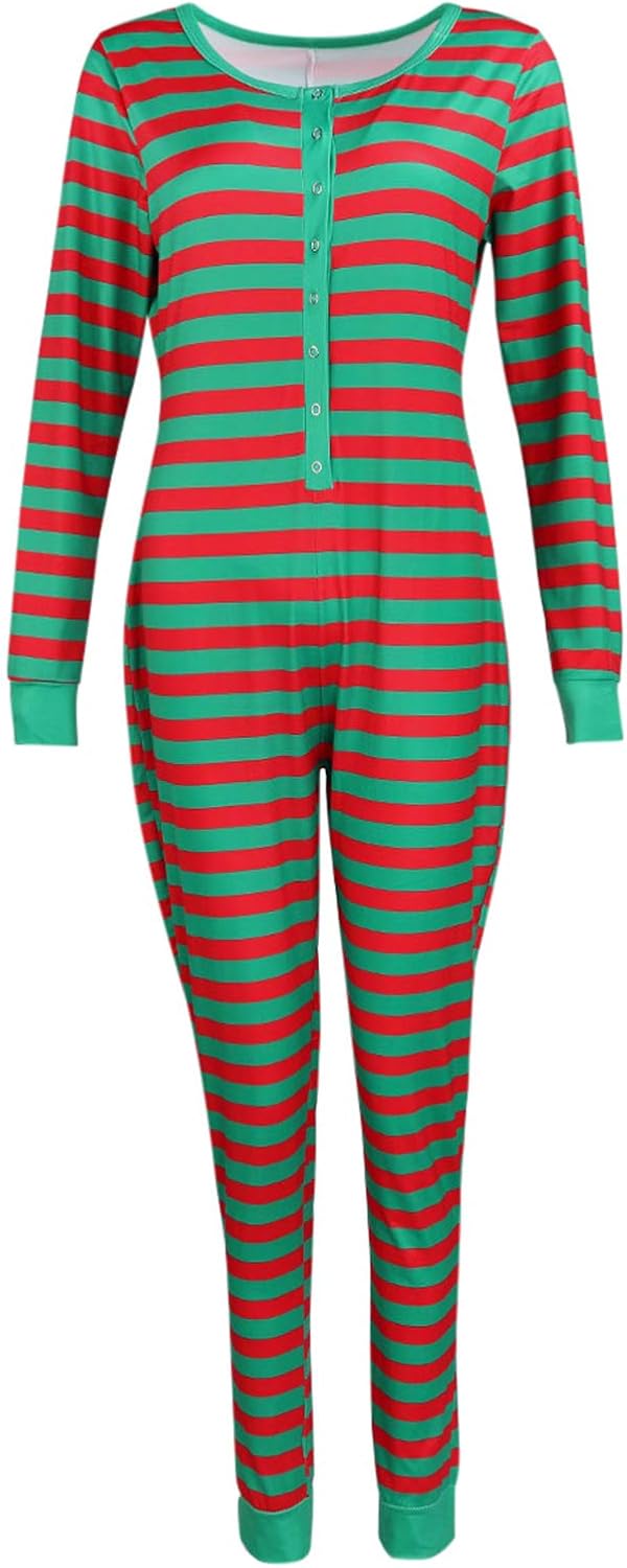 NUFIWI Women Striped Christmas Pajamas Button Down V Neck Jumpsuit Bodycon Long Sleeve One Piece Sleepwear - Image 2