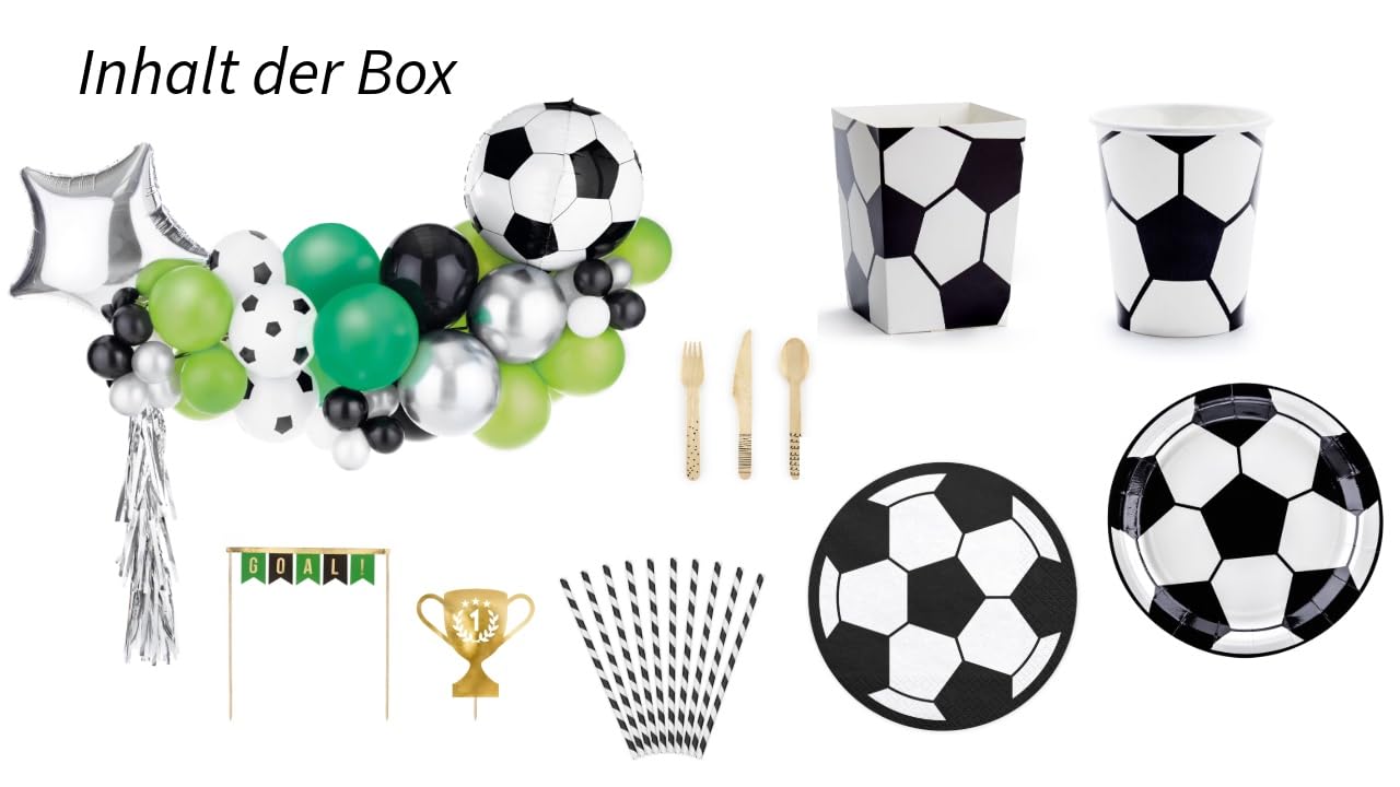 Schiggeria Fußball Party Deko Set - Mini für 6 Personen, Ballongirlande mit Silber-Grün-Schwarz Luftballons 53-teilig, Fußball-Teller und Besteck, Partyzubehör für Fußballmottoparty, Geburtstag