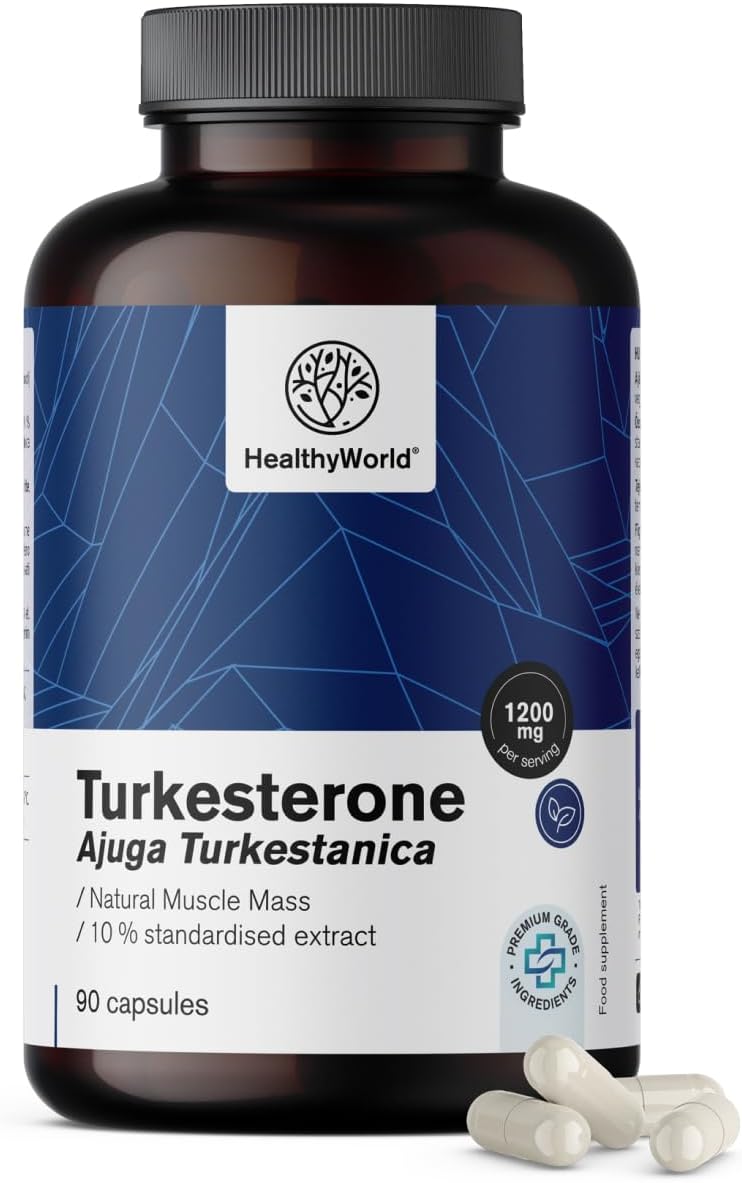 HealthyWorld Turkesterone 1200 mg 90 Vegetable Capsules Extract from Ajuga Turkestanica High Concentration No Genetic Engineering Popular with Athletes and Bodybuilders