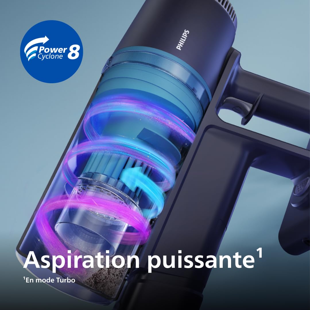 PHILIPS Aspirateur sans Fil Série 3000 - Aspiration Balai Puissant, Autonomie de 60 Minutes, Buse avec Éclairage LED, Outils de Coin et Combinés, Batterie Remplaçable, Léger, Noir/Bleu (XC3032/01)
