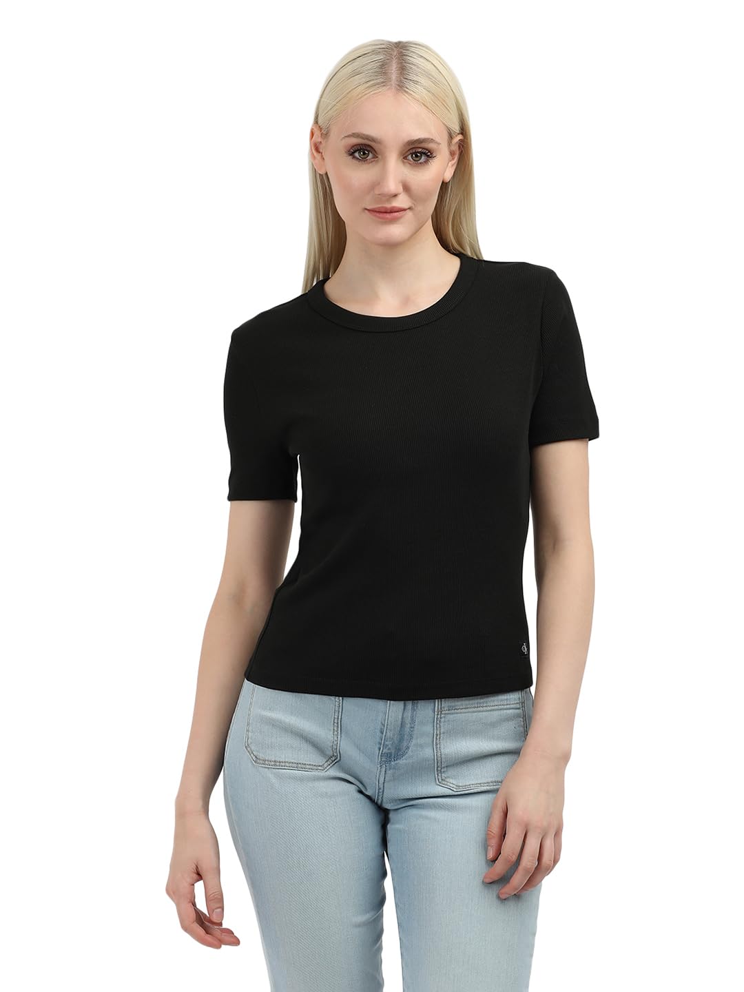 Calvin Klein Women’s Woven Label Ribbed Fitted Short Sleeve Round Neck T-Shirt, Black (Ck Black), L