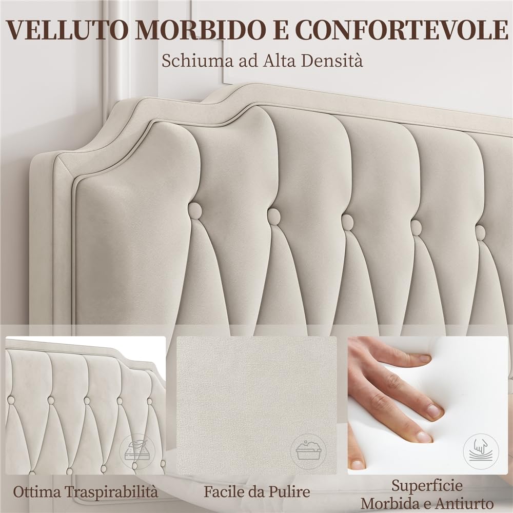 Yaheetech Letto Matrimoniale Imbottito 160 x 200 cm con Testiera Regolabile in Altezza Telaio con Rete a doghe in Legno e Metallo Beige