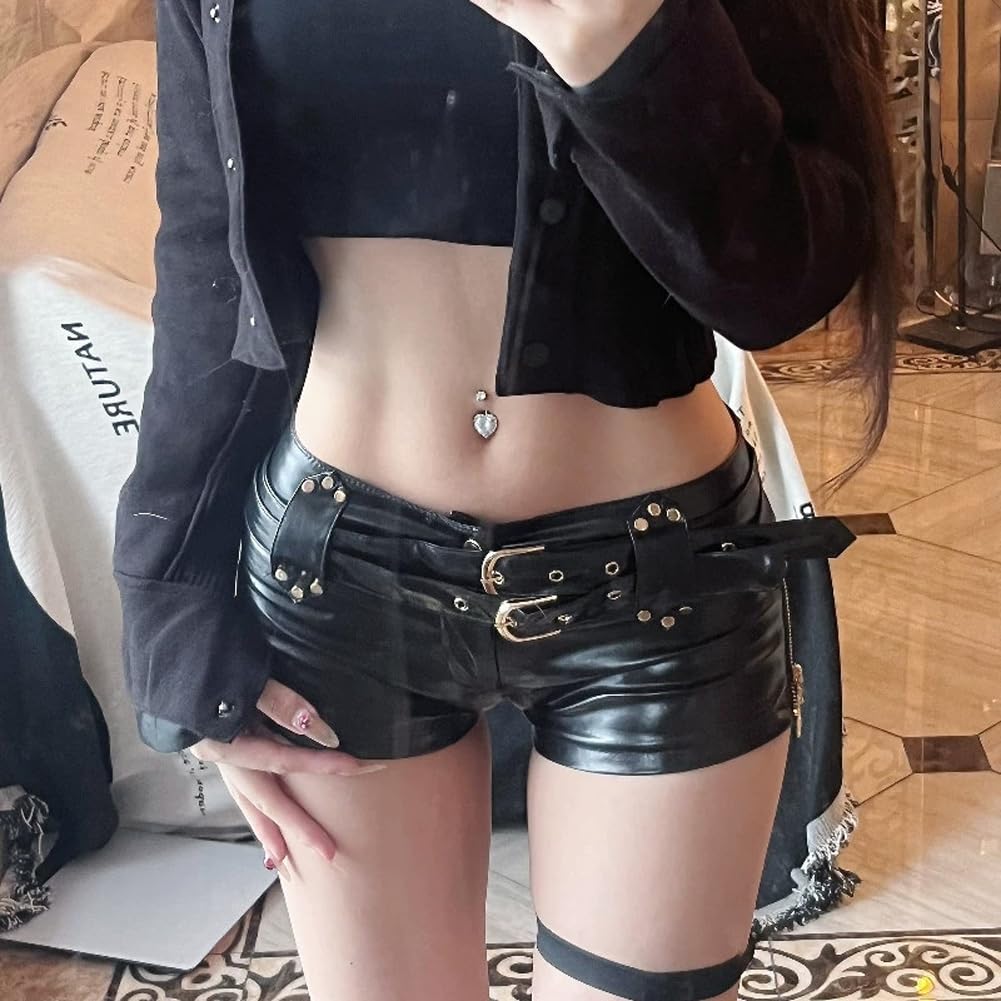 LAFOURAM Faux Leather Shorts for Women Low Rise Night Out Slutty Exotic Hotty Booty Pants: X-Large Black